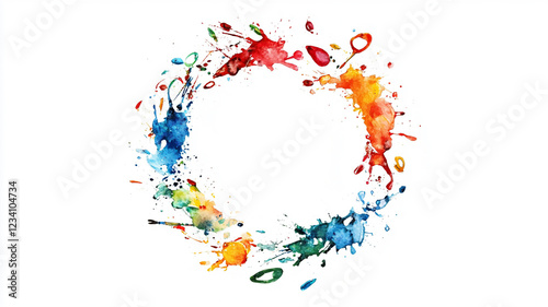 Vibrant Watercolor Circle: A captivating circular frame crafted from dynamic watercolor splatters in a spectrum of rich colors, perfect for adding a creative touch to your designs.