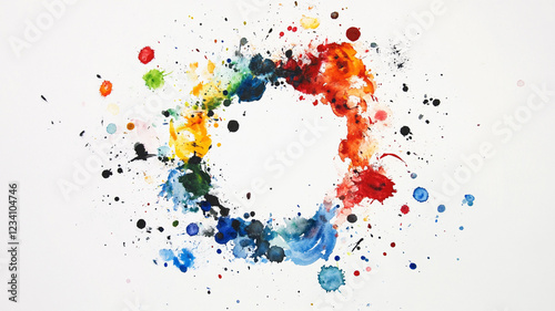 Rainbow Ink Splatter Circle: A vibrant circular frame created by a dynamic splatter of rainbow-colored ink, leaving a central blank space perfect for text or design elements.  