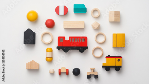 Wooden Toys Composition: A delightful collection of colorful wooden toys, including a red train and various geometric shapes, arranged in a playful circular pattern. Perfect for children's education.