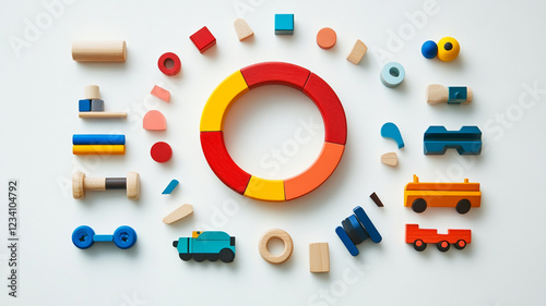 Playful Color Palette: A vibrant array of colorful wooden toys forms a captivating circle around a central red, yellow, and orange pie chart, representing an optimistic and playful color palette. 