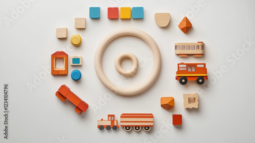 Wooden Toy Wonders: A colorful and delightful arrangement of wooden toys, featuring geometric shapes, whimsical vehicles, and a charming ring, creates a visually appealing and playful composition.