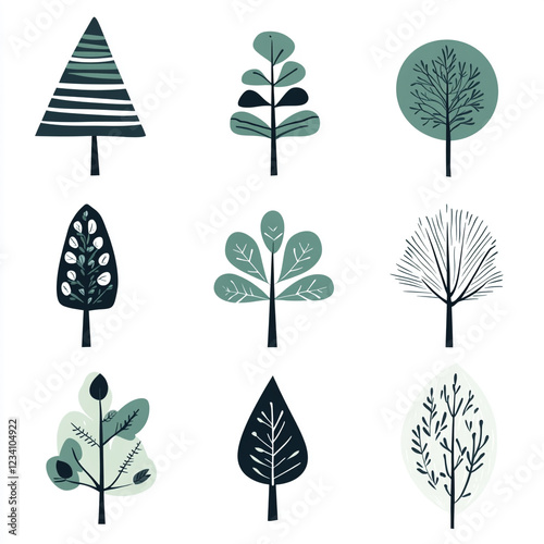 Stylized Forest Collection: An enchanting set of nine hand-drawn illustrations featuring stylized trees in a calming palette of green and blue hues.