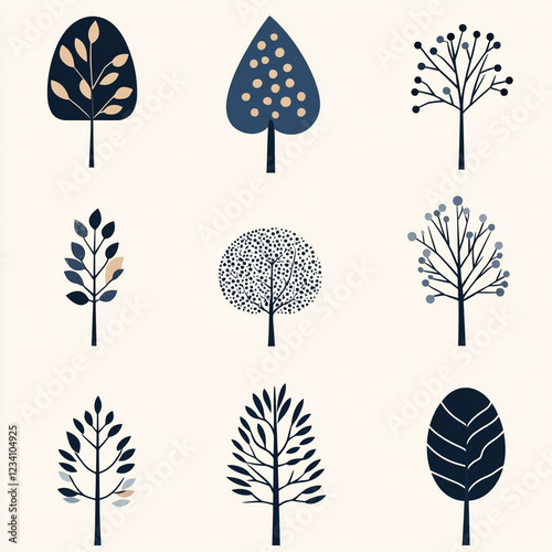 Modern Minimalist Tree Icons: Nine distinct and stylish hand-drawn tree illustrations in a minimalist design, featuring simple silhouettes and subtle details.  Perfect for design projects, branding.