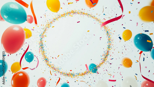 Celebration Ring of Confetti and Balloons: A vibrant overhead shot of colorful balloons and ribbons forming a celebratory ring with confetti scattered around, perfect for birthday, anniversary.