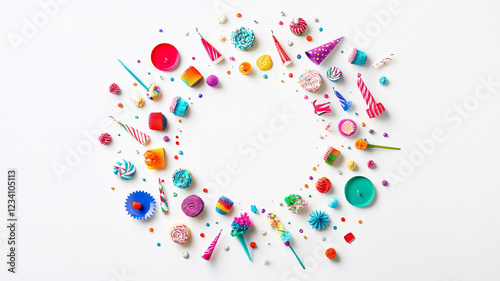 Colorful Party Supplies Wreath: A vibrant and playful arrangement of party supplies forming a circular frame, perfect for invitations, announcements, or celebratory designs. The colorful confetti.