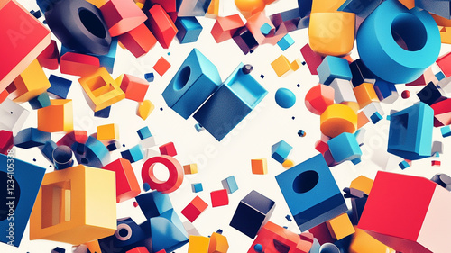 Abstract 3D Shapes: A vibrant explosion of colorful, geometric 3D shapes—cubes, spheres, cylinders—float dynamically against a stark white backdrop, creating a playful, energetic visual.