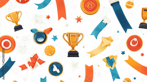 Celebration Pattern: A cheerful and celebratory seamless pattern featuring trophies, medals, ribbons, and stars.  The vibrant colors and playful design create an energetic and festive mood.
