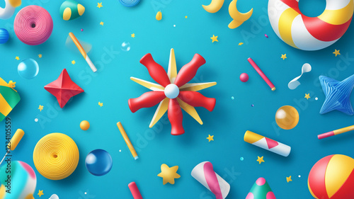 Joyful Fiesta of Colors: A vibrant collection of playful 3D shapes and objects, reminiscent of a carnival or children's party, creating a fun and energetic visual feast against a bright blue backdrop.