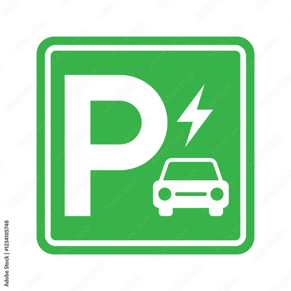 Letter P with EV car icon, Green electric vehicle parking sign, Electric car charging point, Parking space for Eco friendly hybrid cars, Vector illustration Letter P with EV car icon, Green electric vehicle parking sign, Electric car charging point, Parking space for Eco friendly hybrid cars, Vector illustration