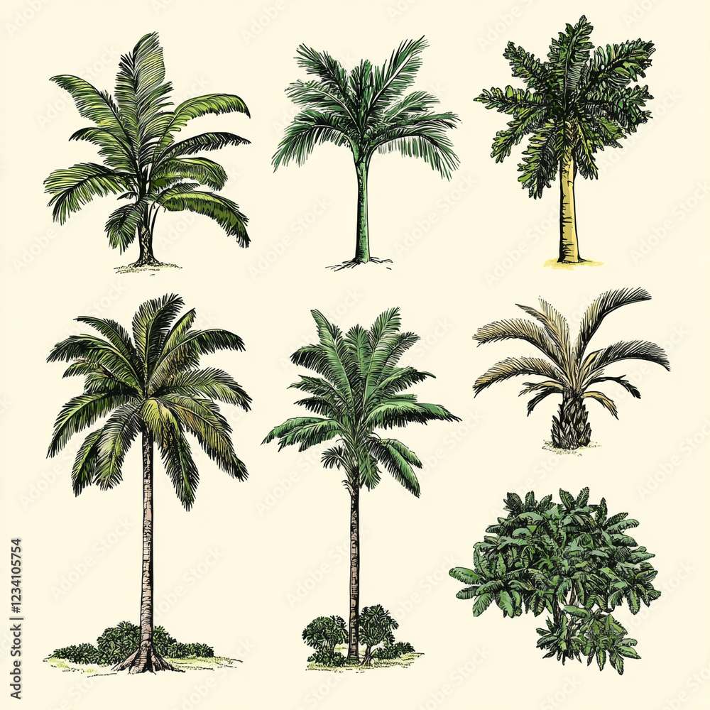 Obraz premium Tropical Paradise: A collection of six distinct palm trees, hand-drawn in a vintage style, evoking the serenity of tropical landscapes.