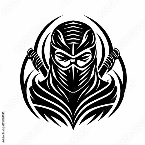 Stylized Ninja Warrior Mask Design with Bold Lines and Dynamic Movement