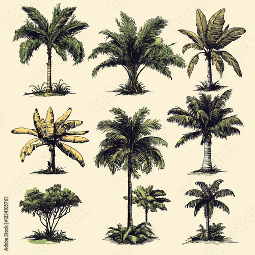 Palm Tree Collection: A collection of hand-drawn palm trees with different styles and textures, creating a tropical paradise. The detailed lines and vibrant colors capture the essence of a tranquil.