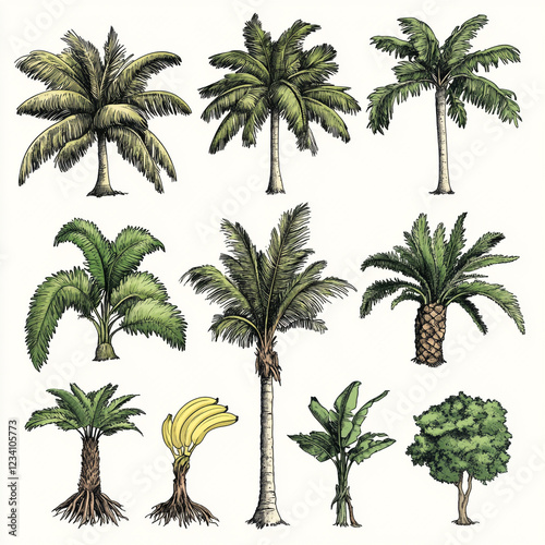 Tropical Paradise Collection: A vibrant collection of hand-drawn illustrations showcasing various tropical palm trees, banana plants, and lush greenery.