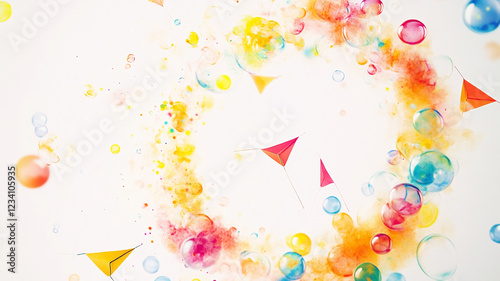 Whimsical Watercolor Burst: A vibrant and playful explosion of color, featuring a swirling blend of watercolor paints, scattered with playful colorful circles and whimsical triangular shapes.
