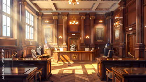 Majestic Courtroom with Sunlit Wooden Interior and Classic Legal Setting
 photo