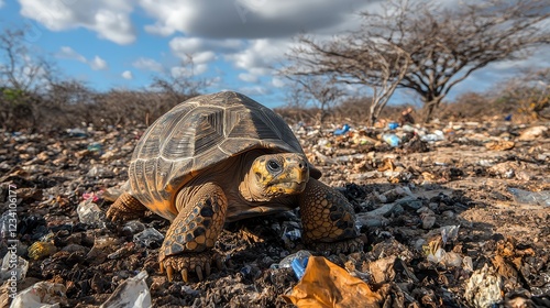 Tortoise in a Deserted Landscape Surrounded by Garbage and Debris Under a Cloudy Sky