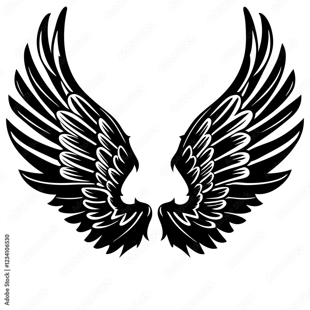Obraz premium Detailed Line Art of Angel Wings with Intricate Feathers and Symmetrical Design