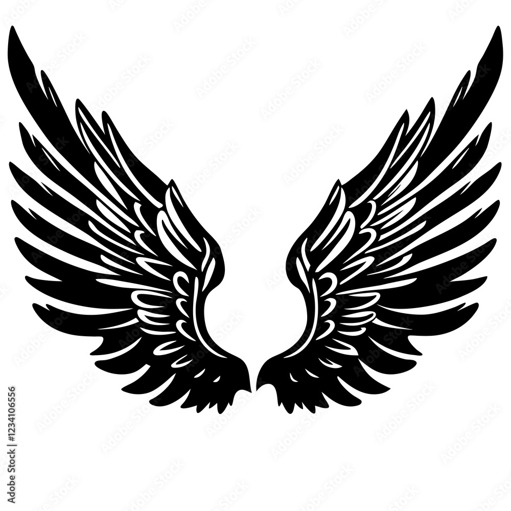 Detailed Line Art of Angel Wings with Intricate Feathers and Symmetrical Design Detailed Line Art of Angel Wings with Intricate Feathers and Symmetrical Design