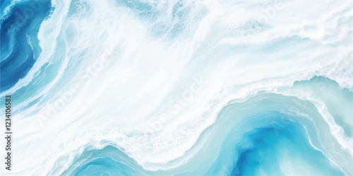 An artistic watercolor depiction of ocean waves in soft blue and white tones, creating a stunning background that embodies the power and tranquility of a tropical tsunami wave in a whimsical cartoon s