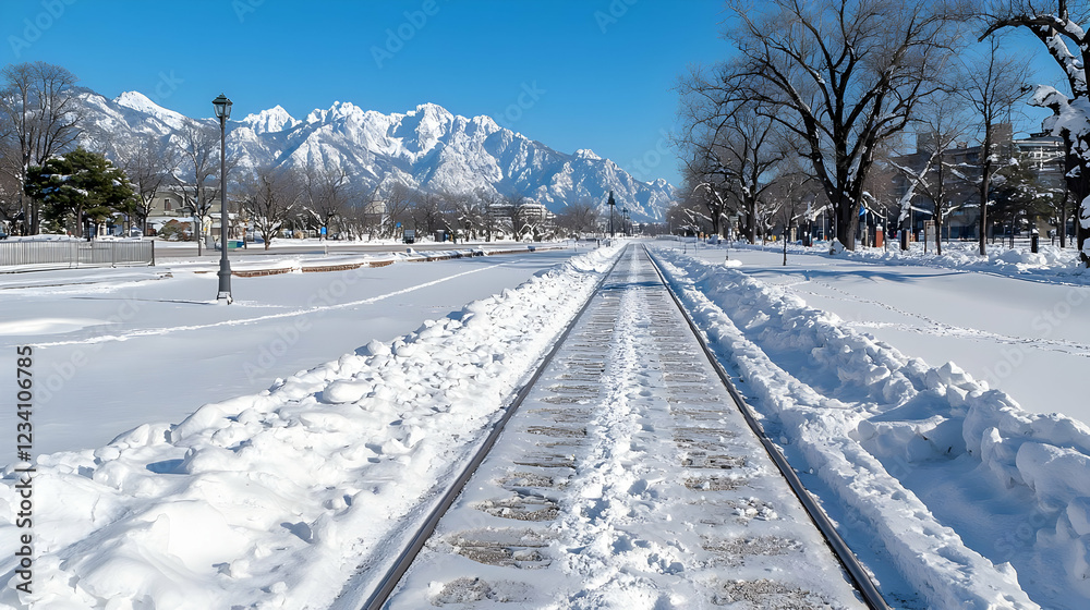 Snowy train tracks, mountain view, winter park Snowy train tracks, mountain view, winter park