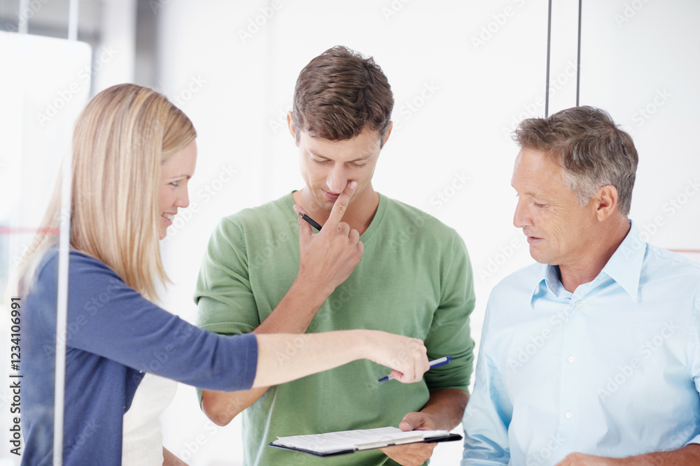 Fototapeta premium Business people, planning checklist or talking in meeting for feedback, research or support. Professional staff, procurement manager and teamwork at workplace for documents and project management