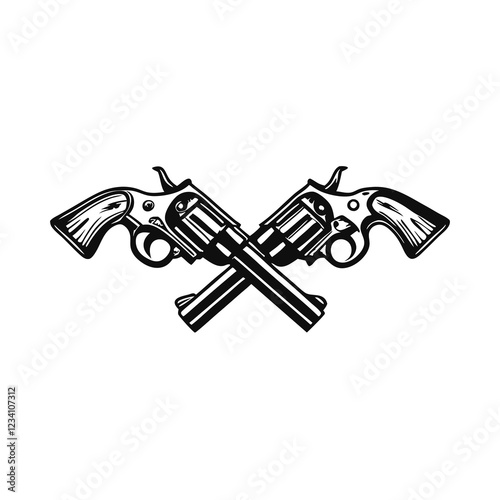 Crossed Vintage Revolvers with Detailed Line Art in Black and White