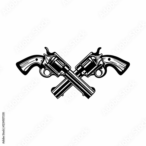 Crossed Vintage Revolvers with Detailed Line Art in Black and White