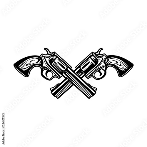 Crossed Vintage Revolvers with Detailed Line Art in Black and White