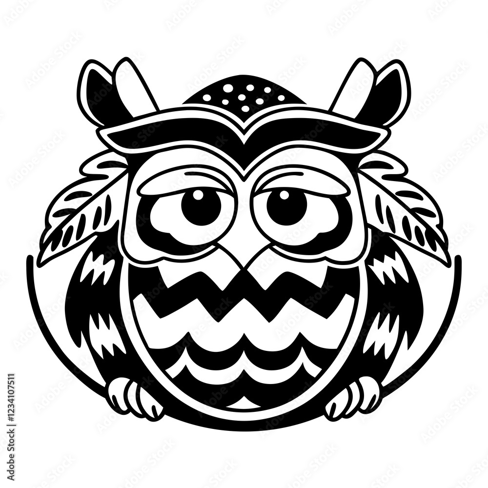 Stylized Owl Character with Big Eyes and Decorative Feathers in Black and White Stylized Owl Character with Big Eyes and Decorative Feathers in Black and White