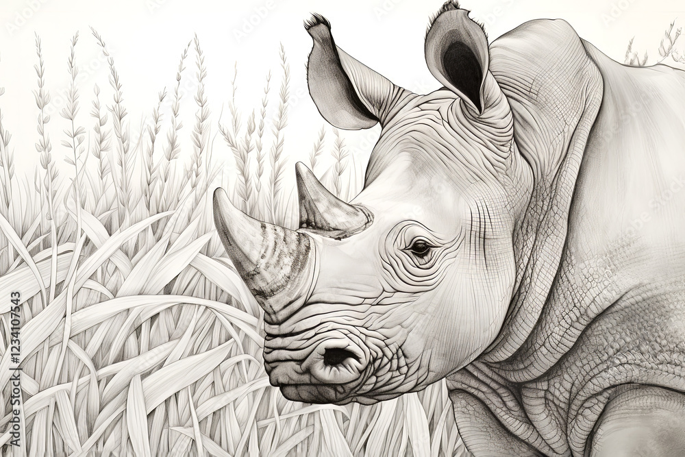 Fototapeta premium Rhinoceros Peaceful Nature Prairie Sketch Drawing Style