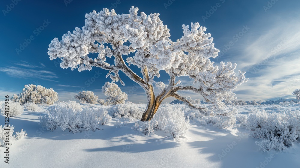 Frosty tree, winter landscape, snowy plains, sunlit scene, nature background Frosty tree, winter landscape, snowy plains, sunlit scene, nature background