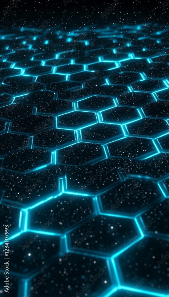 Obraz premium Sci-Fi Background, Blue Neon Hexagonal Pattern, Connecting Lines, Dark Backdrop, Digital Art