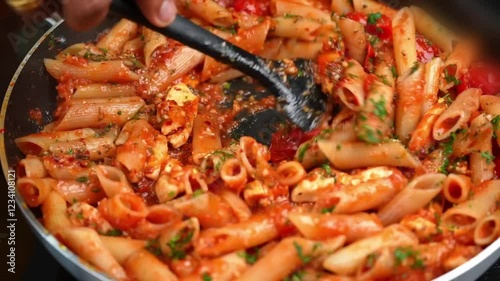 Pasta Cooking with tomato sauce Close View, Pasta Cooking in pan