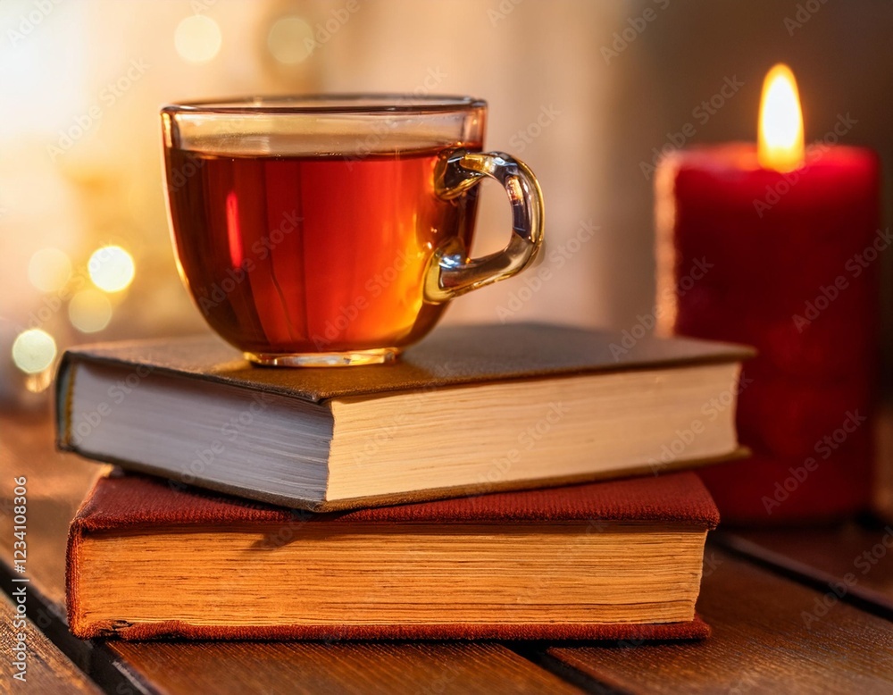 Stack of Old Books Paired with a Cup of Tea and Candlelight Stack of Old Books Paired with a Cup of Tea and Candlelight