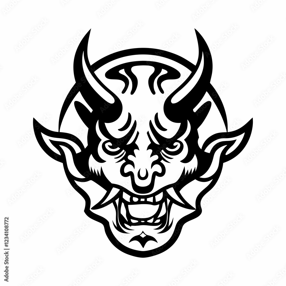 Traditional Demon Mask with Horns and Intense Expression in Black and White Line Art Traditional Demon Mask with Horns and Intense Expression in Black and White Line Art