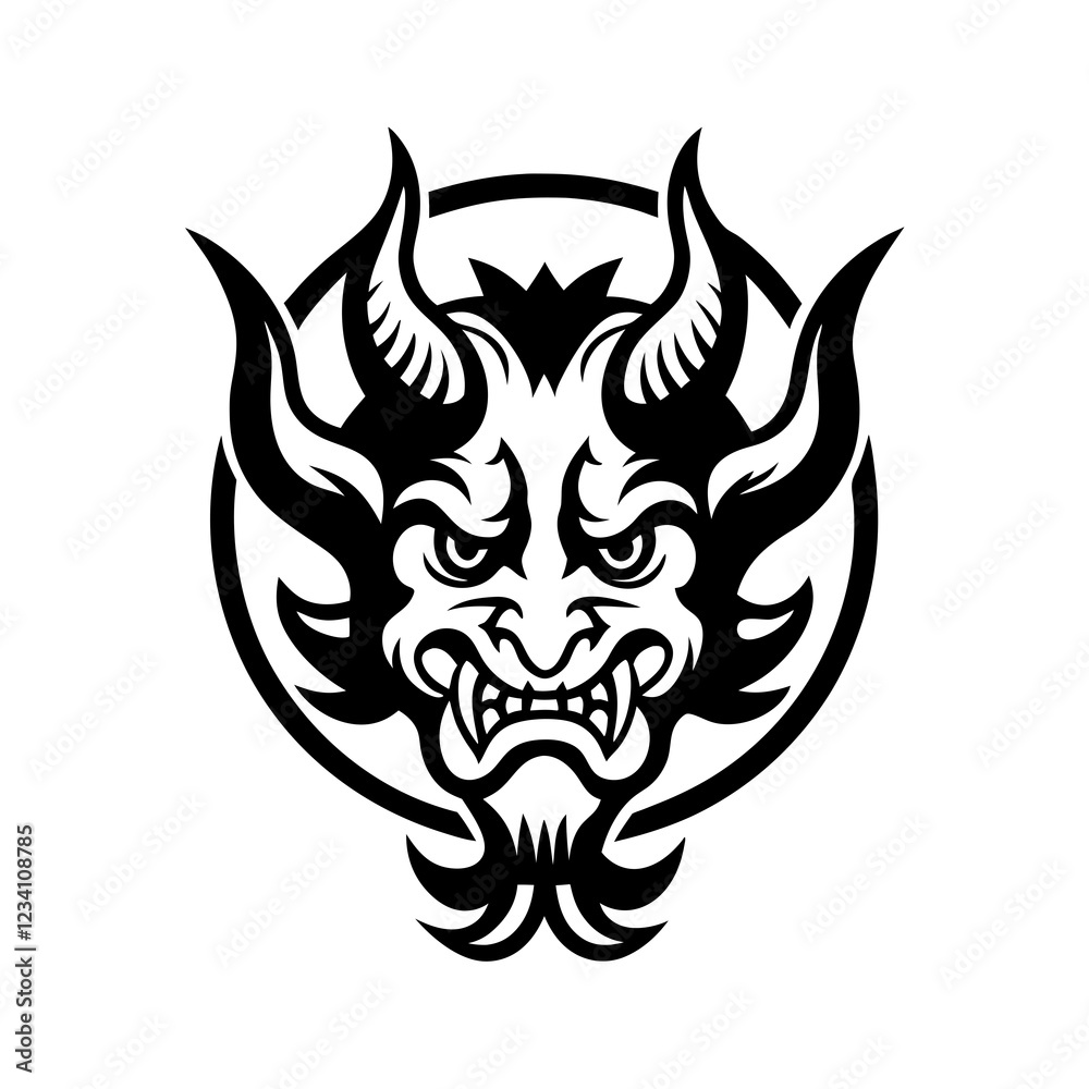Traditional Demon Mask with Horns and Intense Expression in Black and White Line Art Traditional Demon Mask with Horns and Intense Expression in Black and White Line Art