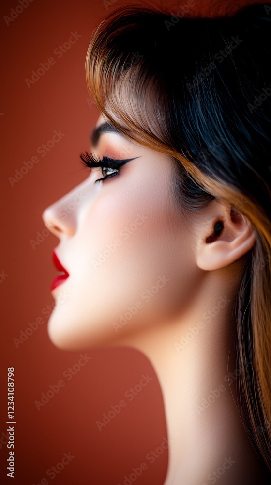 Fototapeta premium Elegant profile portrait of a woman with striking makeup against a warm background