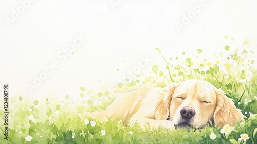 Peaceful dog sleeping in a sunlit meadow with delicate flowers