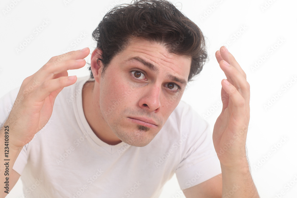 Fototapeta premiumSerious handsome young man checking his appearance looking at camera - concept of Skin care, hair, and face protection.