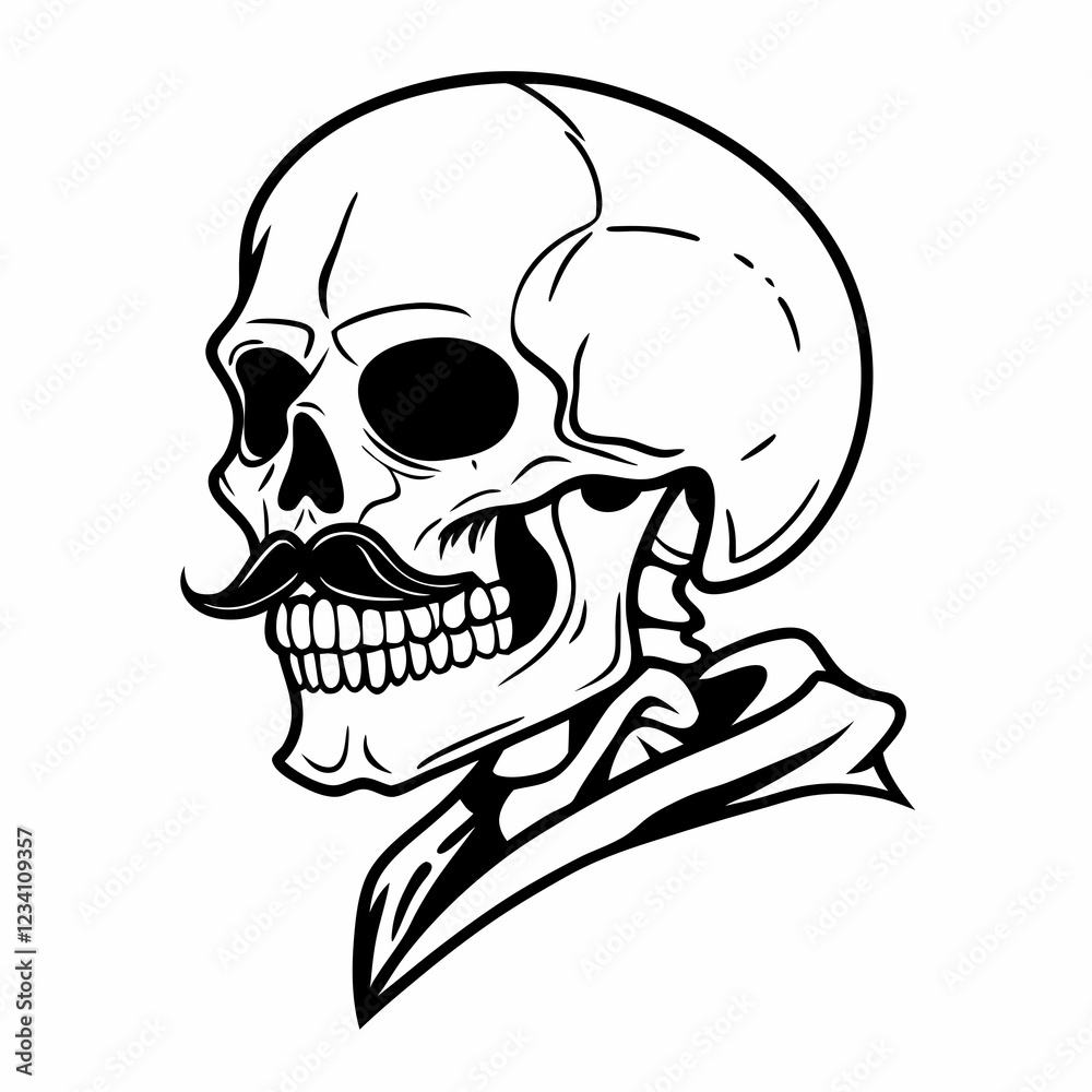 Line Art of Skull with Mustache in Profile, Vintage and Playful Design Line Art of Skull with Mustache in Profile, Vintage and Playful Design
