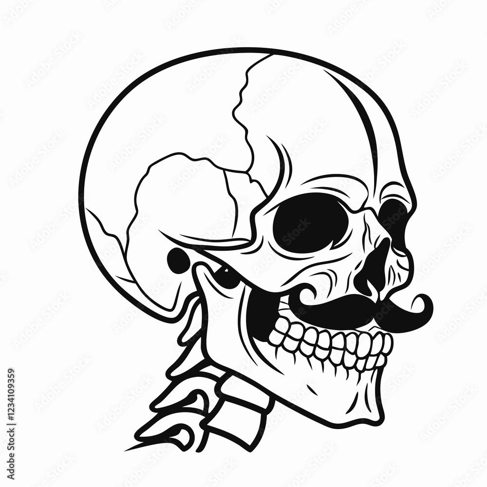 Line Art of Skull with Mustache in Profile, Vintage and Playful Design Line Art of Skull with Mustache in Profile, Vintage and Playful Design