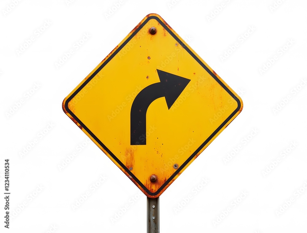Rusty yellow road sign arrow pointing left on white background Rusty yellow road sign arrow pointing left on white background
