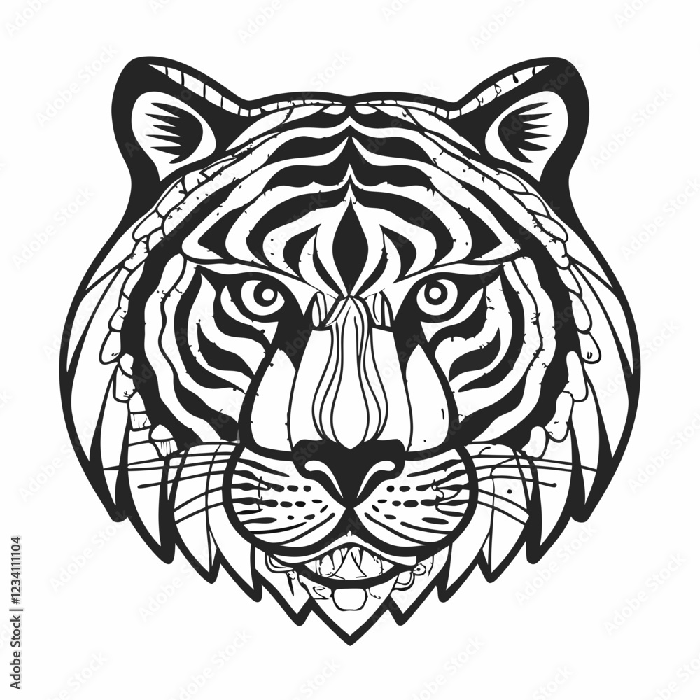 Fototapeta premium Intricate Line Art of Tiger Head with Detailed Geometric and Floral Patterns