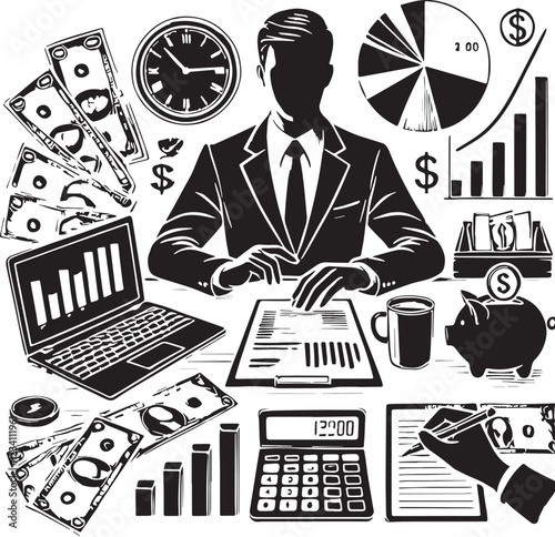 Black Accounting Silhouette Vector, High Quality Illustration on White Background