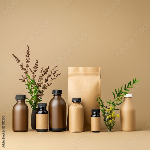 Brown Kraft Bottles and Packaging with Plants
