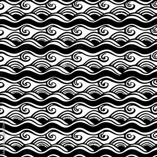 Traditional Japanese Wave Pattern Design with Flowing Ocean Waves in Blue and White Color Scheme