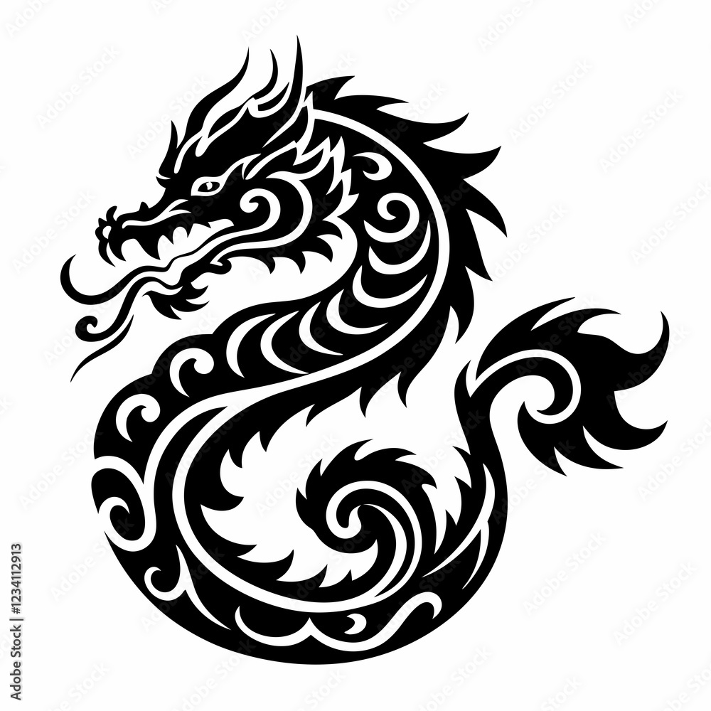 Intricate Black and White Dragon Tattoo Design with Flowing Curves and Detailed Scales Intricate Black and White Dragon Tattoo Design with Flowing Curves and Detailed Scales