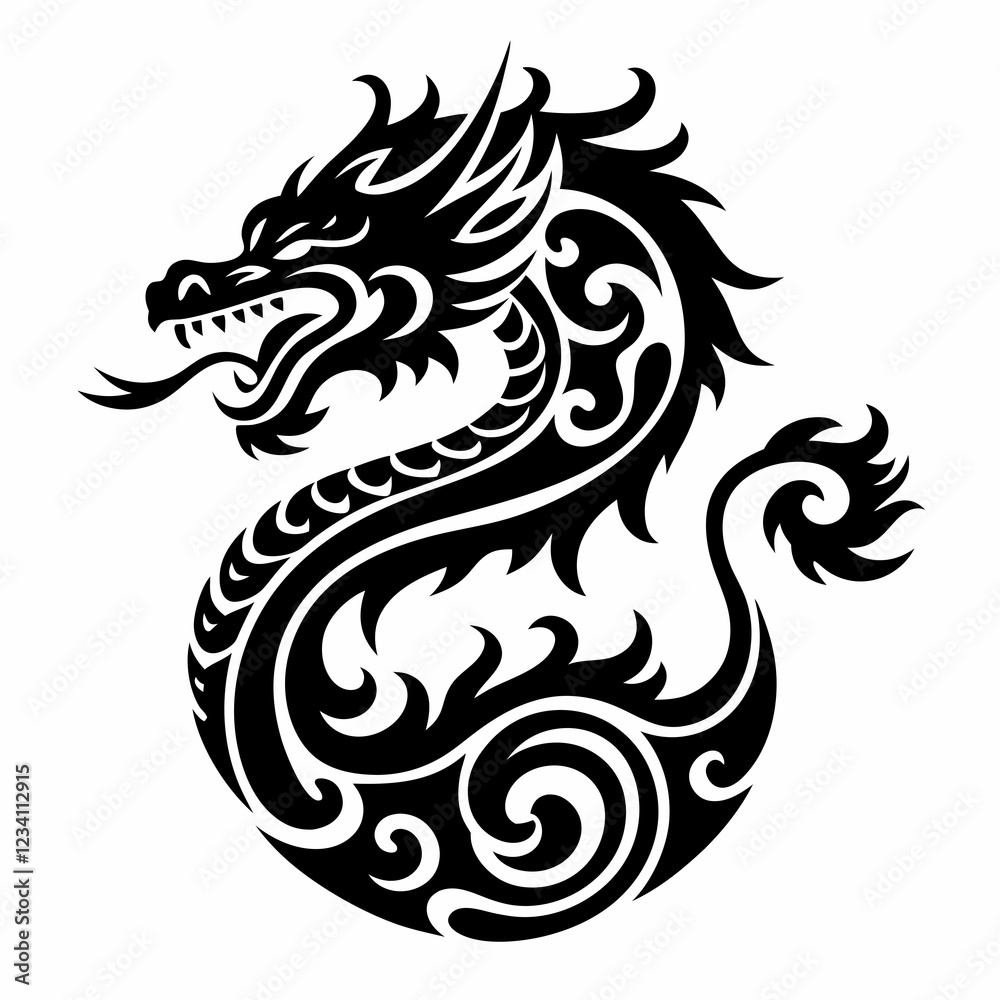 Intricate Black and White Dragon Tattoo Design with Flowing Curves and Detailed Scales Intricate Black and White Dragon Tattoo Design with Flowing Curves and Detailed Scales