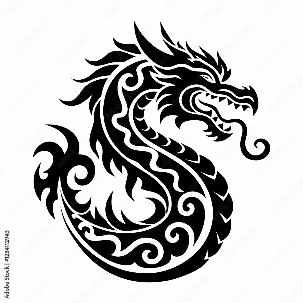 Intricate Black and White Dragon Tattoo Design with Flowing Curves and Detailed Scales Intricate Black and White Dragon Tattoo Design with Flowing Curves and Detailed Scales