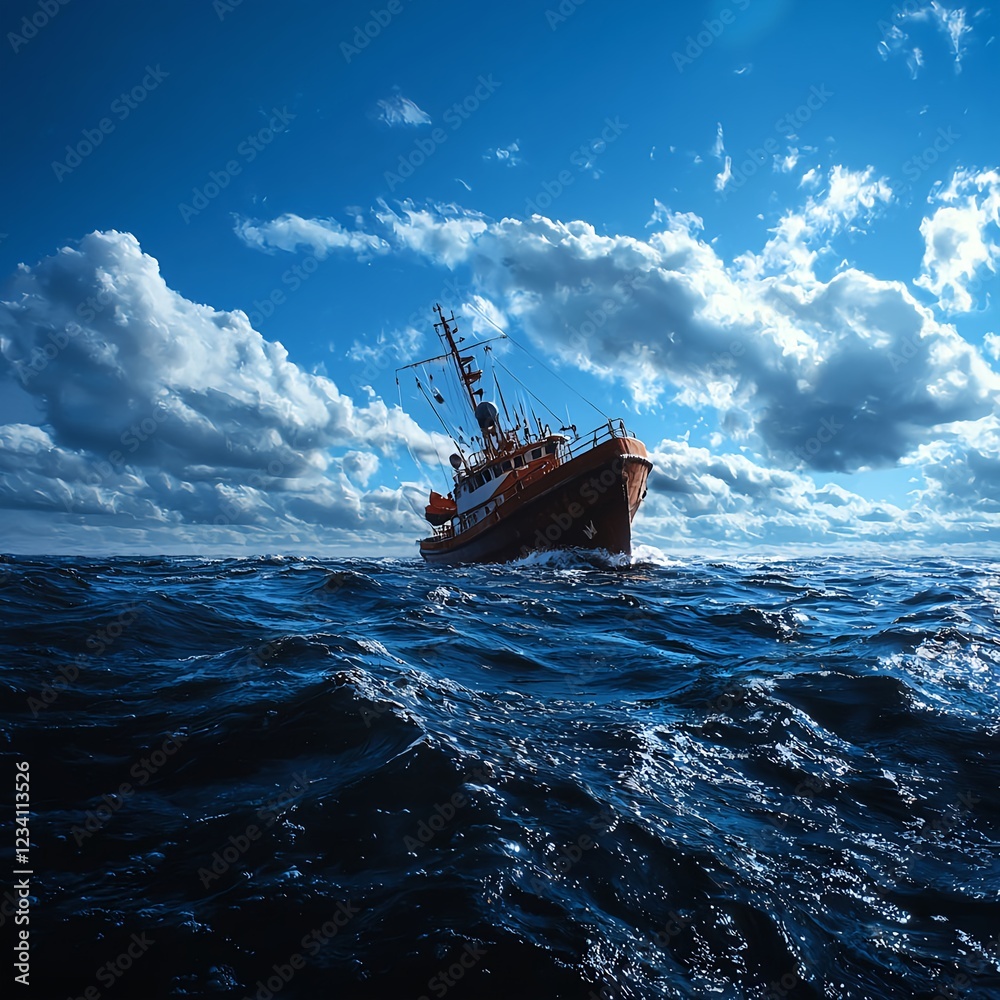 Fototapeta premium Brown Ship Sailing on Dark Blue Ocean Under Bright Sky